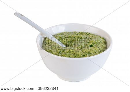 Hot Chili Pepper Paste. Green Sauce In The Ceramic Bowl Isolated On White Background. Adjika