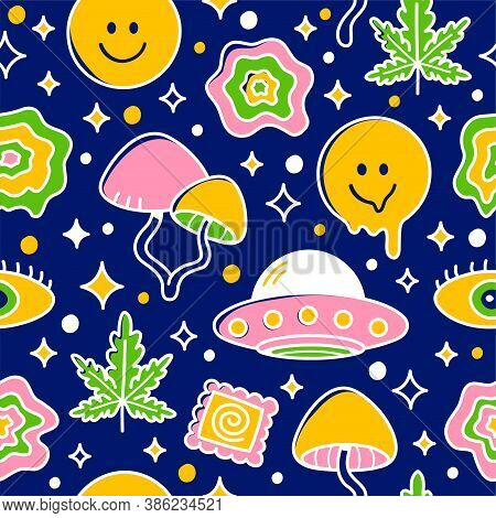 Psychedelic Seamless Pattern. Vector Cartoon Kawaii Character Illustration Icon Design.  Trippy Patt