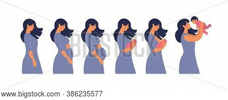 The Main Stages Of Pregnancy. Changes In The Female Body During Pregnancy Week After Week. Set For I