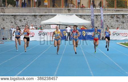 Istanbul, Turkey - September 13, 2020: Athletes Running 100 Metres During Balkan U20 Athletics Champ