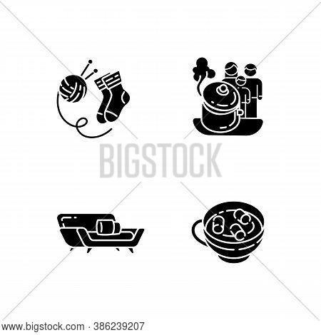 Hyggelig Time Black Glyph Icons Set On White Space. Knitted Socks. Home Cooking. Homemade Food. Silh