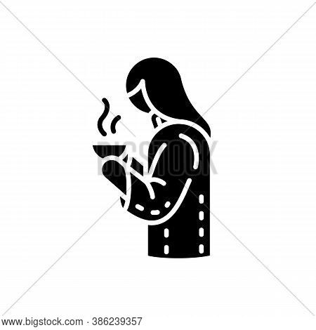 Girl With Hot Drink In Mug Black Glyph Icon. Calm Atmosphere Enjoying. Silhouette Symbol On White Sp