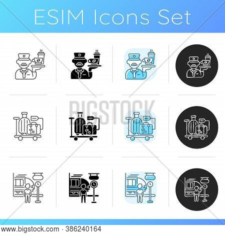 Railway Services Icons Set. Linear, Black And Rgb Color Styles. Professional Stewart Service, Passen