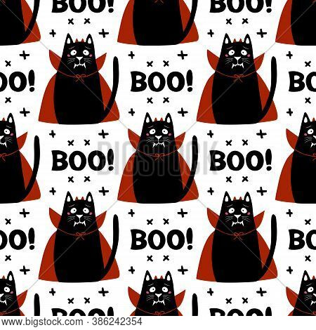 Cute Cartoon Cat Wear Vampire Costume With Fangs, Horns And Red Cloak. Doodle Cross Elements And Boo