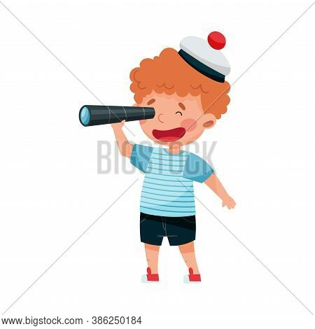 Cheerful Little Boy In Mariner Striped Vest And Peakless Hat Looking In Binocular Vector Illustratio