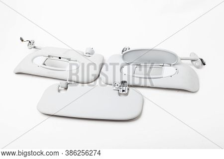 Car Visor Interior. Three Auto Grey Sun Visor With Mirror On White Isolated Background. Auto Service