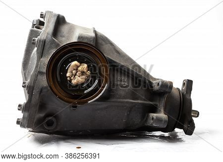 Gear Reducer Isolated On White. Gearwheels Speed Reducer Crosssection. Auto Service Industry. Spare 