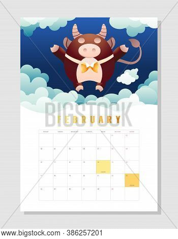 Calendar 2021 A4 Format On February, Month Planner. Funny Cow, Zodiac Symbol Of 2021. Cute Fortunate