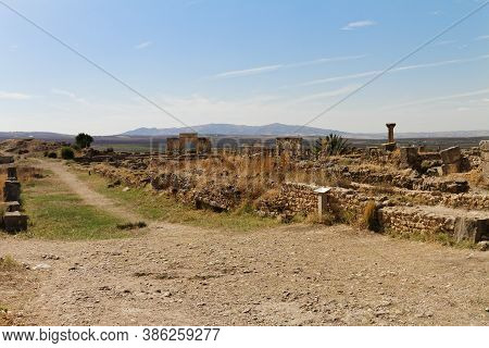 View Of Volubilis, Unesco World Heritage Site In Morocco, Excavated Old Berber City Near The City Of