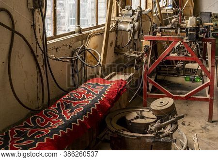 Barskon, Kyrgyzstan - July 10, 2019:  Wood Construction And Felt In A Yurt (ger) Factory And Worksho