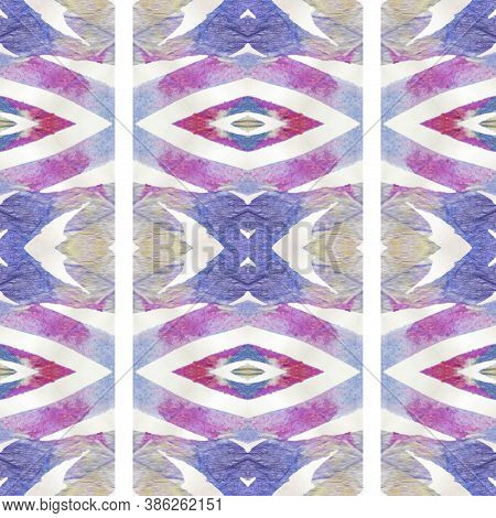 Geometric Painting. Abstract Ethnic Design. Pastel Blue And Rose Seamless Texture. Repeat Tie Dye Or