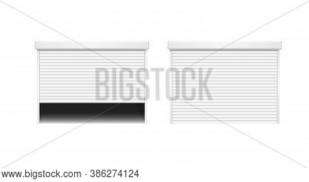 Realistic Detailed 3d Metal White Shutter Door Or Rolling Door Set For Store And House. Vector Illus