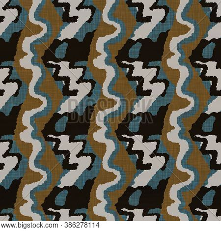 Seamless Dark Blockprint Linen Background. Moody Watercolor Wash Texture. Mid Century 50s Soft Furni