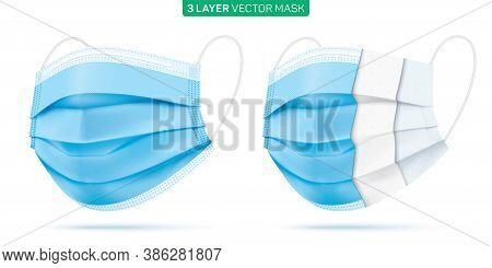Set Of 3 Ply Disposable Face Masks. Blue Medical Mask With Inner Material Sections. Coronavirus Dise