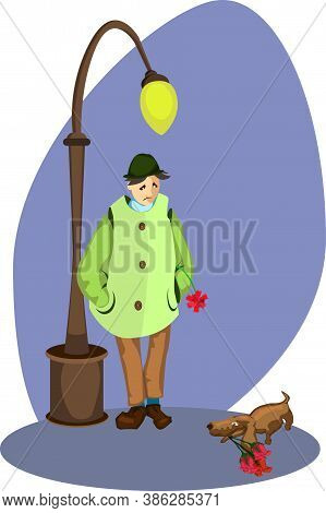 Lonely Sad Man With A Flower On The Street