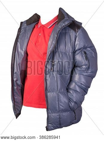 Mens Redt-shirt And Blue Jacket Isolated On White Background.casual Clothing