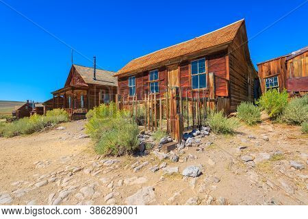 Old Cameron House In Bodie State Historic Park Of The 1800s With Front Porch. Californian Ghost Town