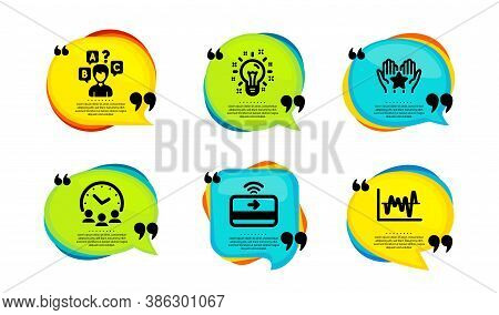 Ranking, Contactless Payment And Quiz Test Icons Simple Set. Speech Bubble With Quotes. Idea, Meetin