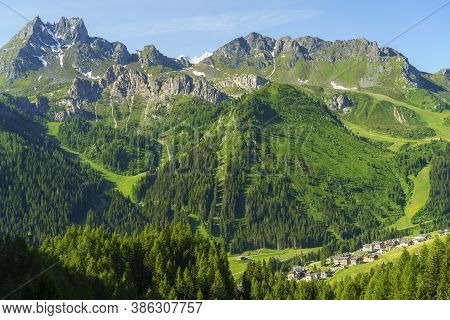 Mountain Landscape At Summer Along The Road To Campolongo Pass, Dolomites, Belluno Province, Veneto,