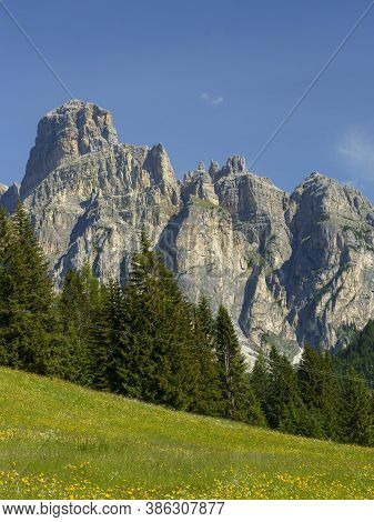 Mountain Landscape At Summer Along The Road To Campolongo Pass, Dolomites, Bolzano Province, Trentin