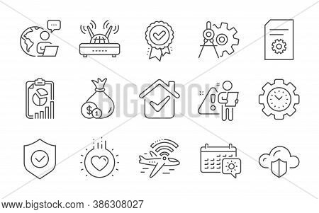 Time Management, Cloud Protection And Wifi Line Icons Set. Approved Award, Travel Calendar And Cogwh