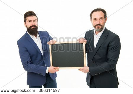 Educational Project. Businessmen Hold School Blackboard. Corporate Business Education. Study Busines