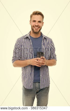 Your New Go-to Coffee Order. Happy Man Enjoy Drinking Coffee. Handsome Guy With Takeaway Coffee Isol
