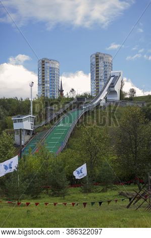 Nizhny Novgorod, Russia - Sep 20, 2020: Final Stage Of Construction Of Ski Springboard For Celebrati