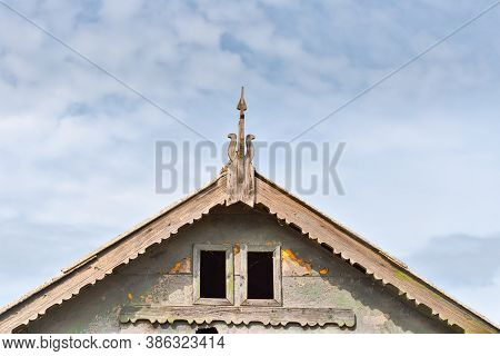 Beautiful Wooden Decoration On The Traditional Fronton House In Danube Delta Region