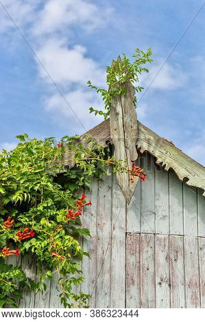 Beautiful Wooden Decoration On The Traditional Fronton House In Danube Delta Region