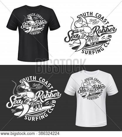 Tshirt Print With Smiling Lobster Vector Mockup, Funny Crayfish Mascot For Surfing Club On Black And