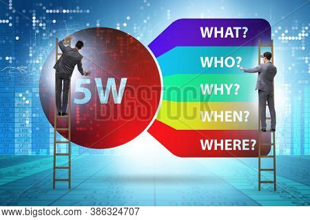 Five whys concept with businessman pressing virtual button
