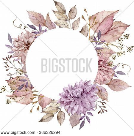 Watercolor Fall Floral Circle Frame With Blush Pink Leaves, Dahlias And Asters. Autumn Decoration. T