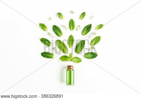 Essential Oil And Greenmint Leaves On White Background. Medicinal Herbs. Flat Lay. Top View.
