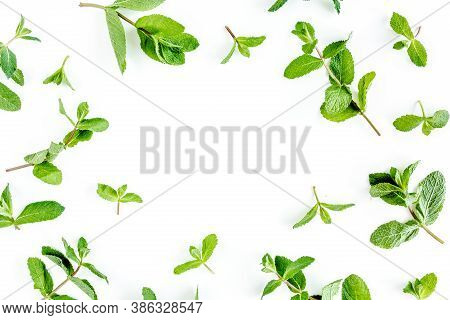 Frame Made Of Mint Leaves Isolated On White Background. Set Of Peppermint. Mint Pattern. Flat Lay. T
