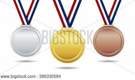 Gold, Bronze And Silver Medal. Award With Ribbon. Trophy For Winner And Champion. Emblem For Champio