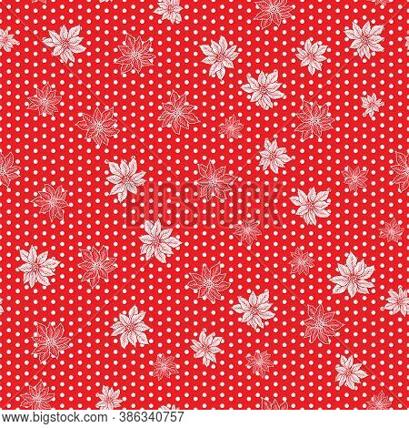Seamless Christmas Pattern With Red And Outline Poinsettia With Polka Dot On Red Background Design