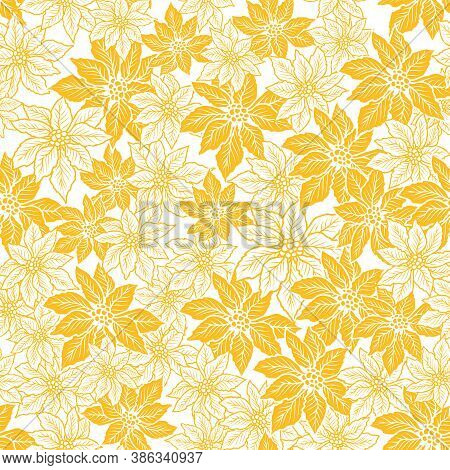 Seamless Christmas Pattern With Yellow And Outline Poinsettia Design