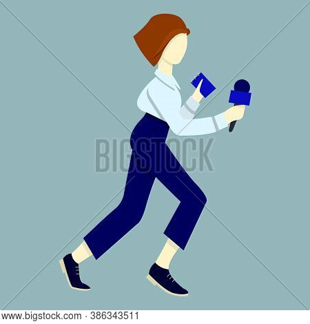 Woman Journalist Running With Microphone And Notepad