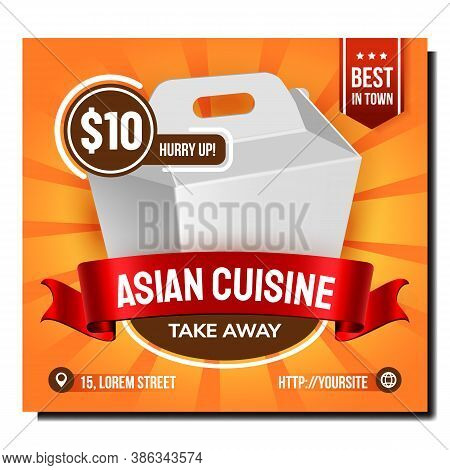 Asian Cuisine Take Away Promotional Banner Vector. Asian Delicious Meal Blank Carton Box Advertising