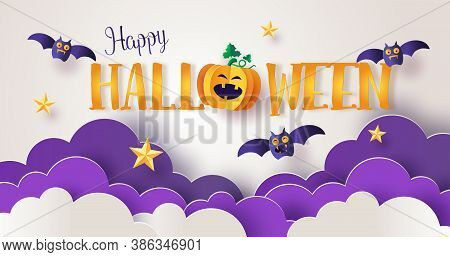 Happy Halloween Greeting Banner With Pumpkins, Star And Bats In Night Clouds. Paper Cut Style.