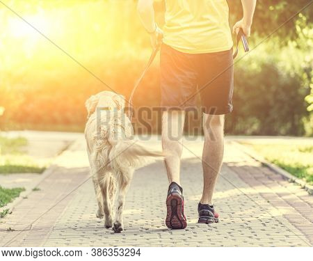 Man running with golden rertriever