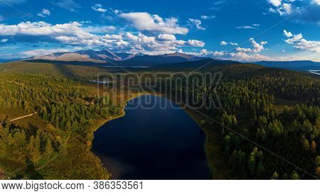 Aerial drone view of the lake of Kidelyu near the Ulagan mountain pass, Altai Republic, Russia