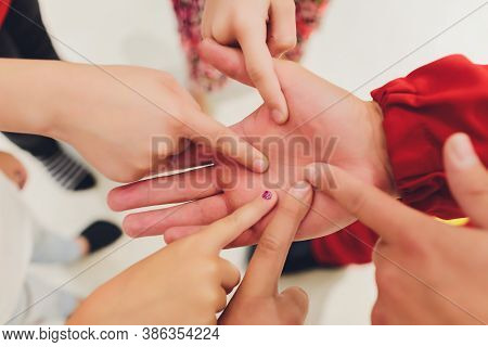 Close Up Of High Five Hand Gesture, Symbol Of Common Celebration Or Greeting, People Planning To Rea