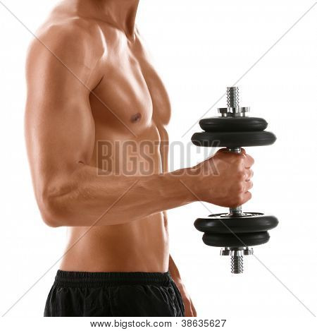 Sexy ciało mięśni lekkoatletycznego mężczyzna z wagi, na białym tle