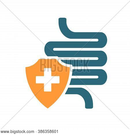 Healthy Protected Intestine Colored Icon. Digestive Tract Treatment, First Aid For Bowel Diseases Sy