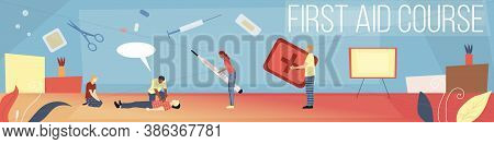 Medicine, First Aid Training Course Concept. Cartoon Characters Learning How To Perform Fist Aid For