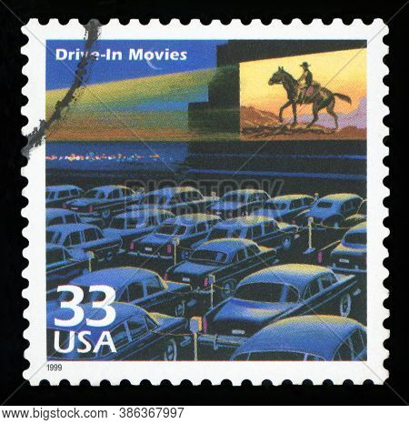 United States -circa 1999: A Postage Stamp Printed In Usa Showing An Image Of A Fifties Drive-in Mov