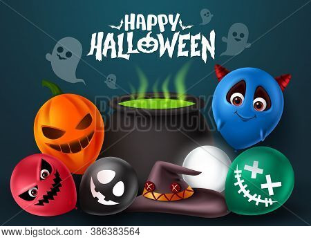 Halloween Demon Vector Banner Design. Happy Halloween Text With Devil Character Holding Colorful Bal