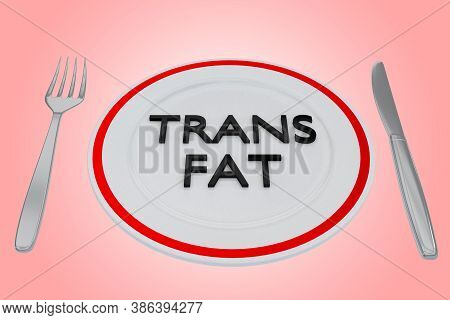 3d Illustration Of Trans Fat Title On A Pale Green Plate, Along With Silver Knif And Fork, Isolated 